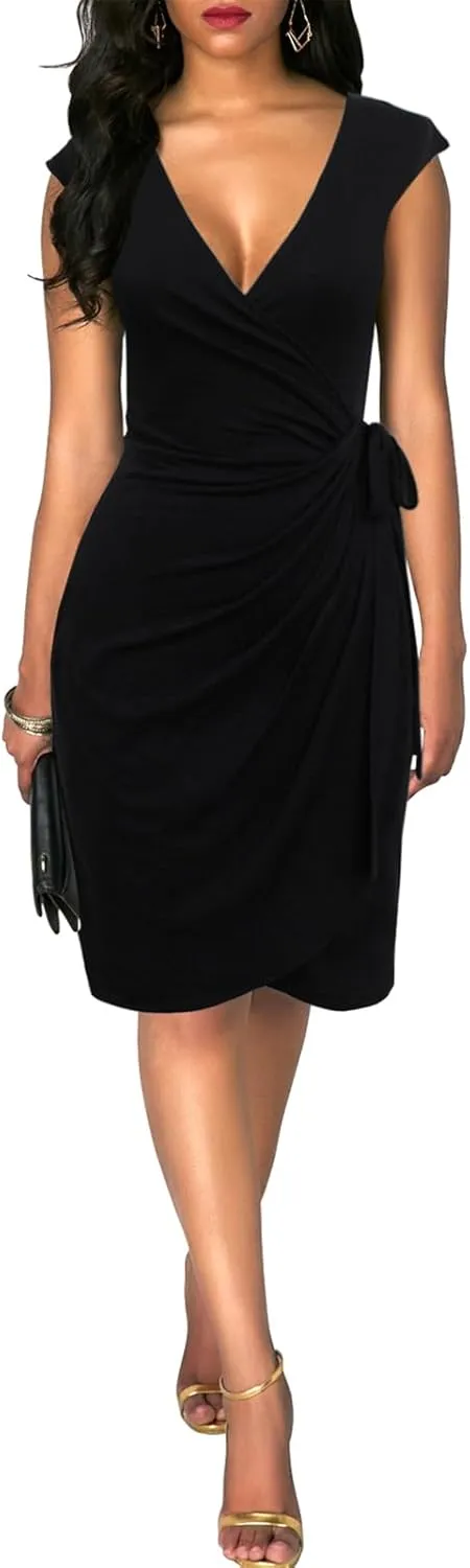 Berydress Women's Vintage V-Neck Sheath Casual Party Work Faux Black Wrap Dress