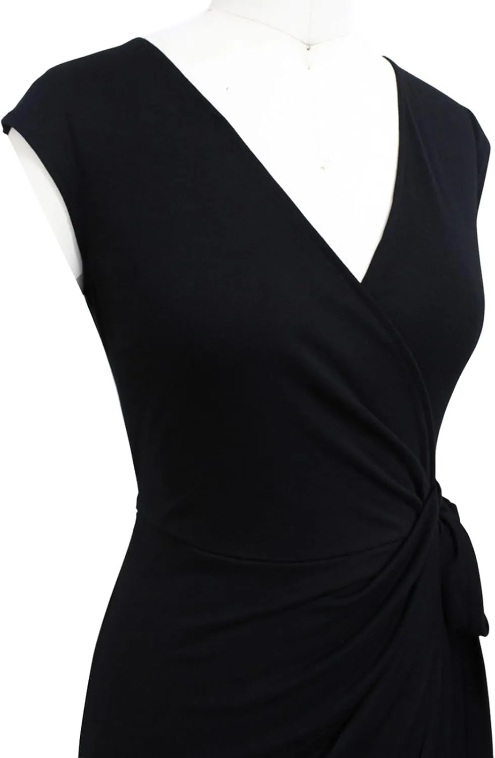 Berydress Women's Vintage V-Neck Sheath Casual Party Work Faux Black Wrap Dress