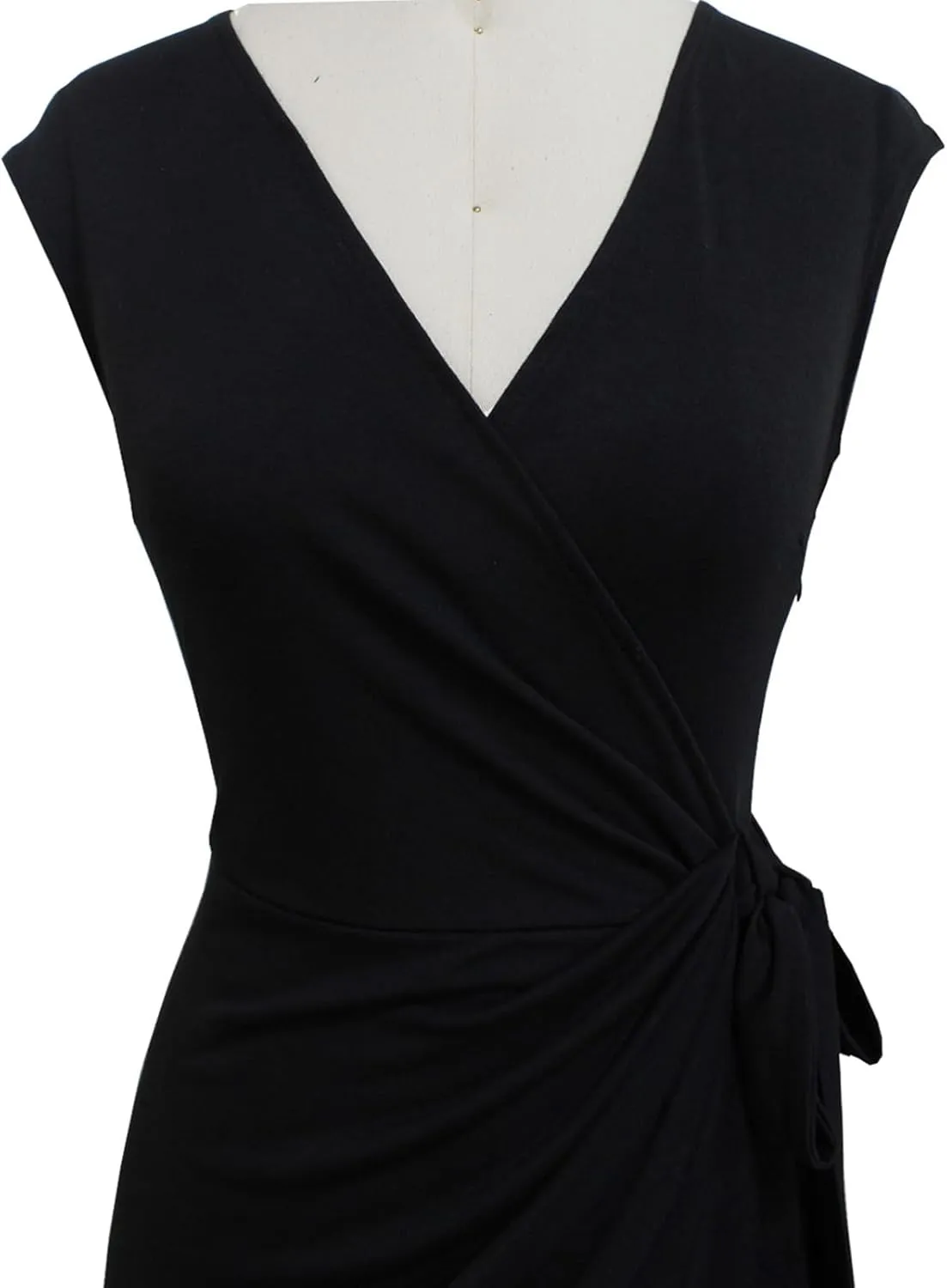 Berydress Women's Vintage V-Neck Sheath Casual Party Work Faux Black Wrap Dress