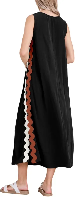 chouyatou Women's Summer Boho Casual Sleeveless Beach Dress Long Side Slit RIC Rac Maxi Sundress (X-Small,Black)