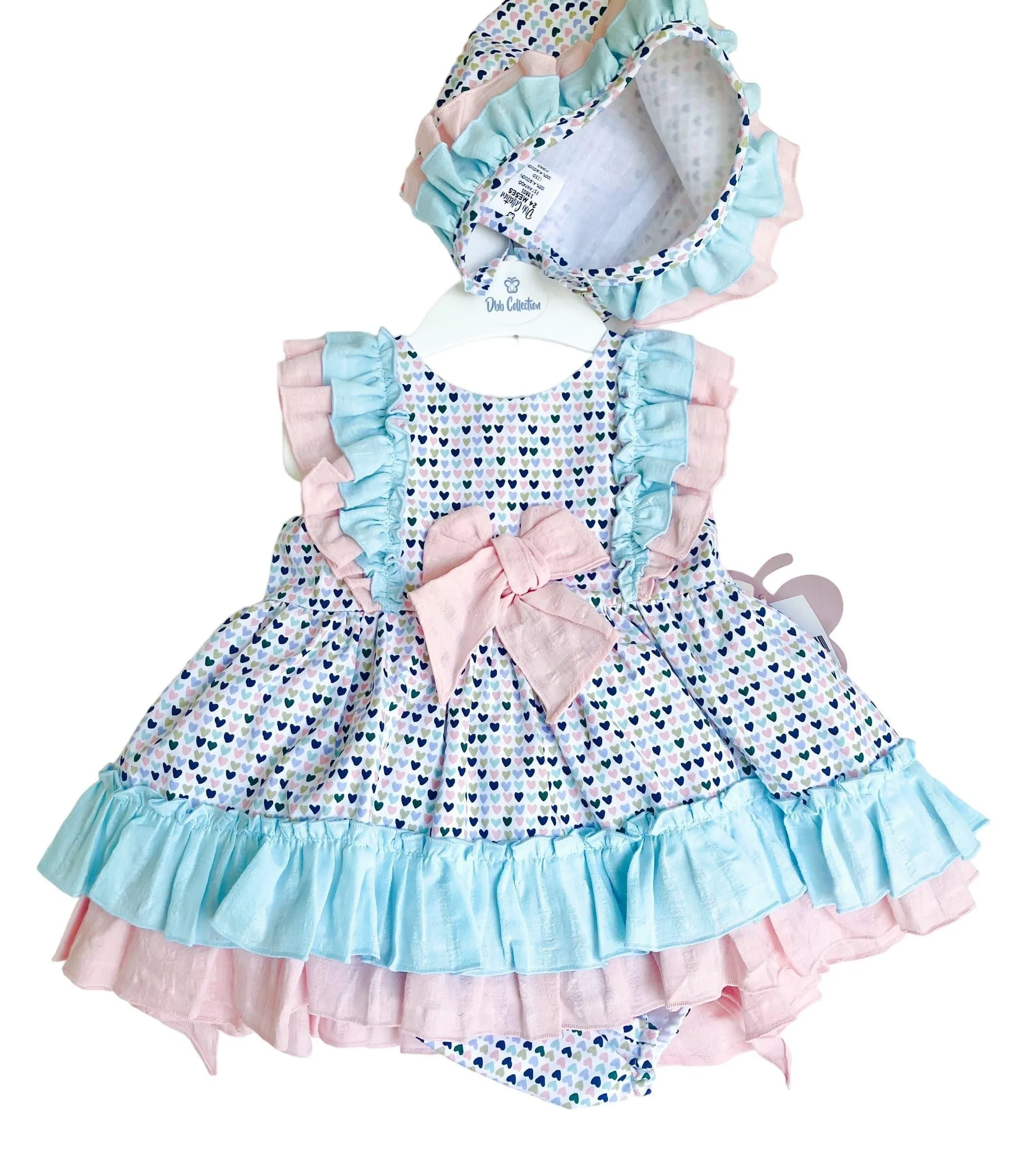 CLEARANCE SALE - DBB Collection - Baby Girls 3pc Heart Print Dress, Knickers and Bonnet