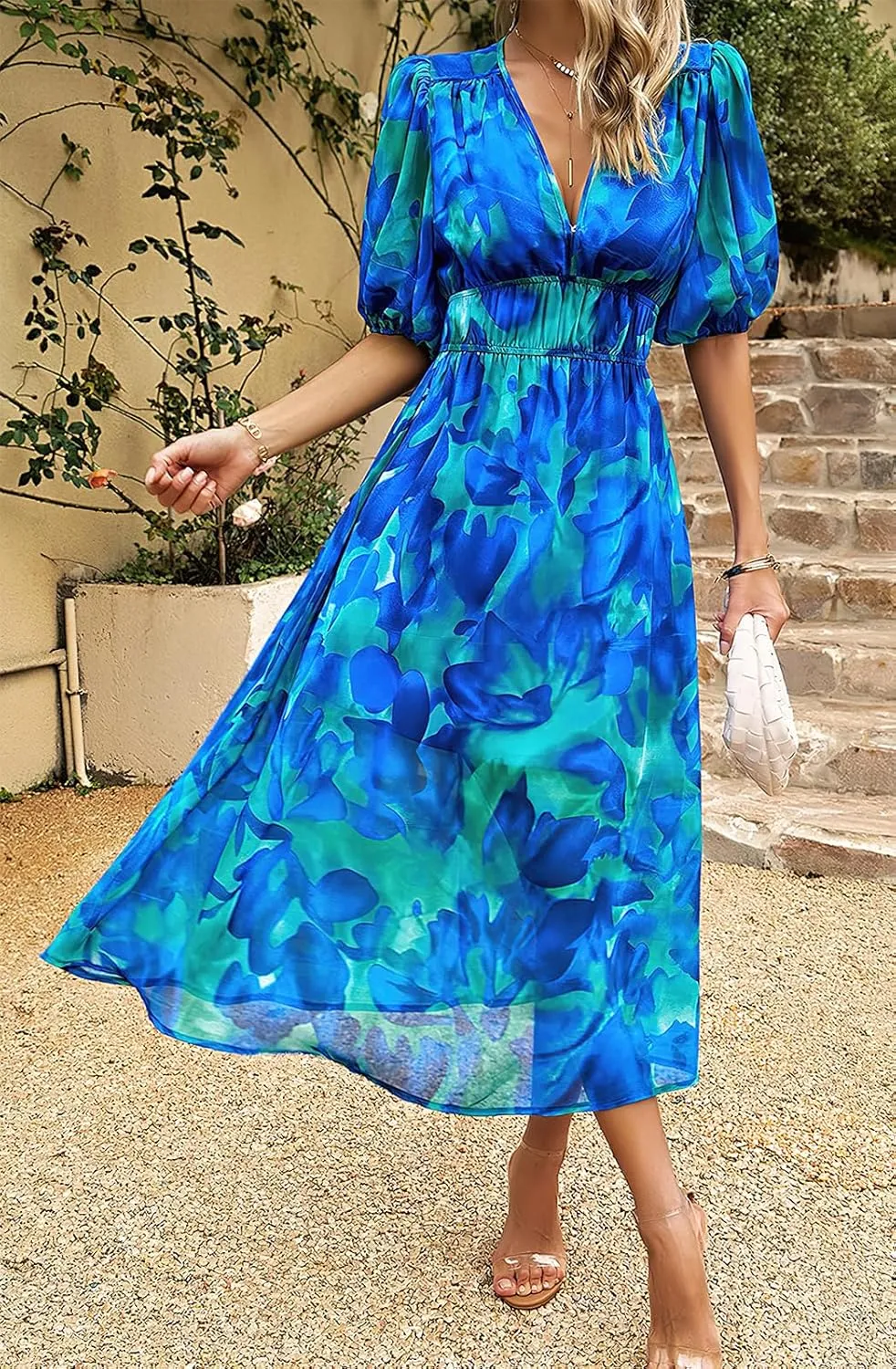 ebossy Women's Boho Floral Print Chiffon Dress Short Sleeve V Neck Girdle Waist Beach Maxi Long Dresses