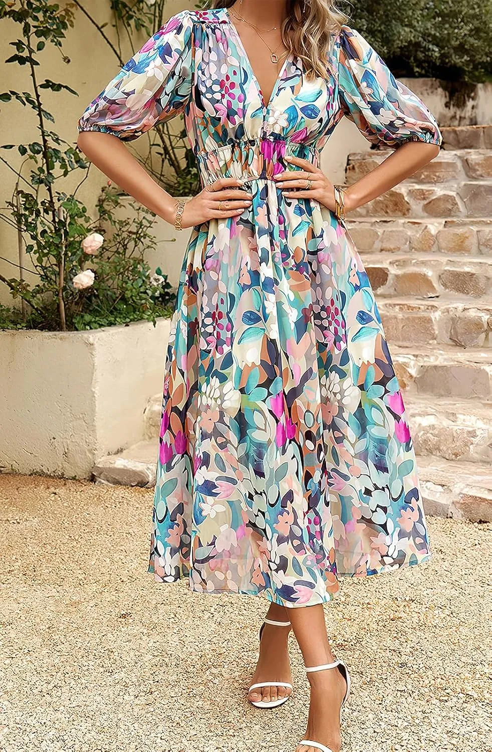 ebossy Women's Boho Floral Print Chiffon Dress Short Sleeve V Neck Girdle Waist Beach Maxi Long Dresses