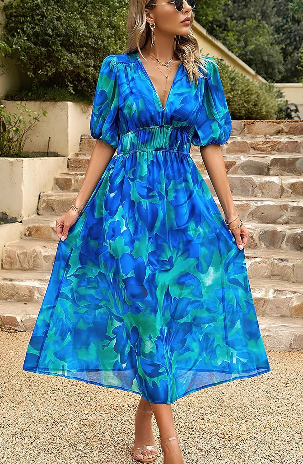 ebossy Women's Boho Floral Print Chiffon Dress Short Sleeve V Neck Girdle Waist Beach Maxi Long Dresses