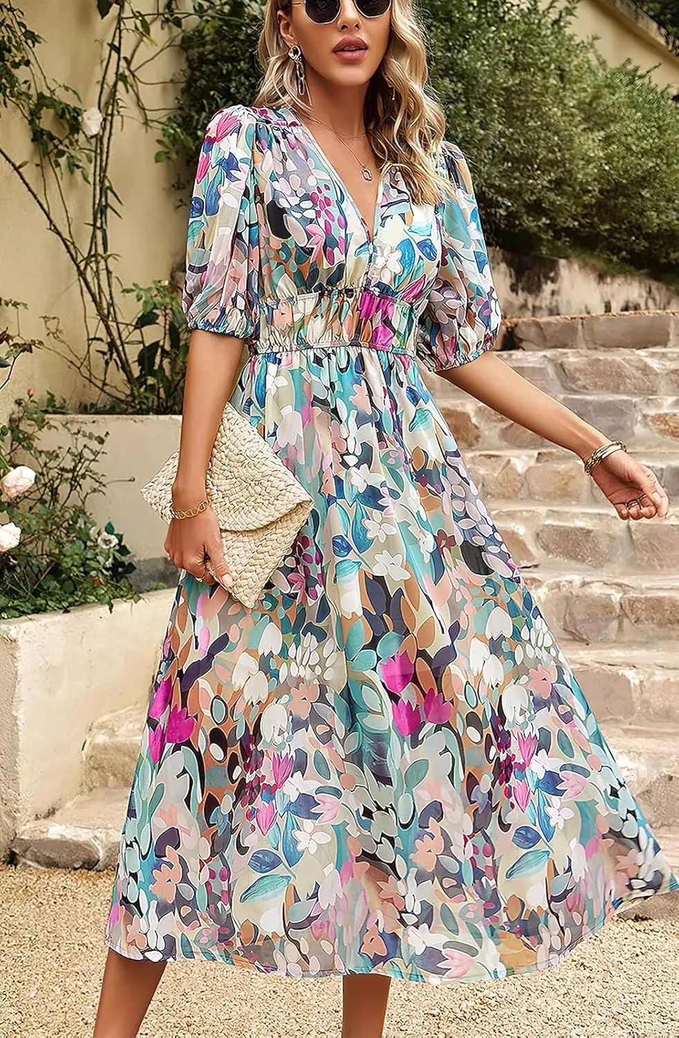 ebossy Women's Boho Floral Print Chiffon Dress Short Sleeve V Neck Girdle Waist Beach Maxi Long Dresses
