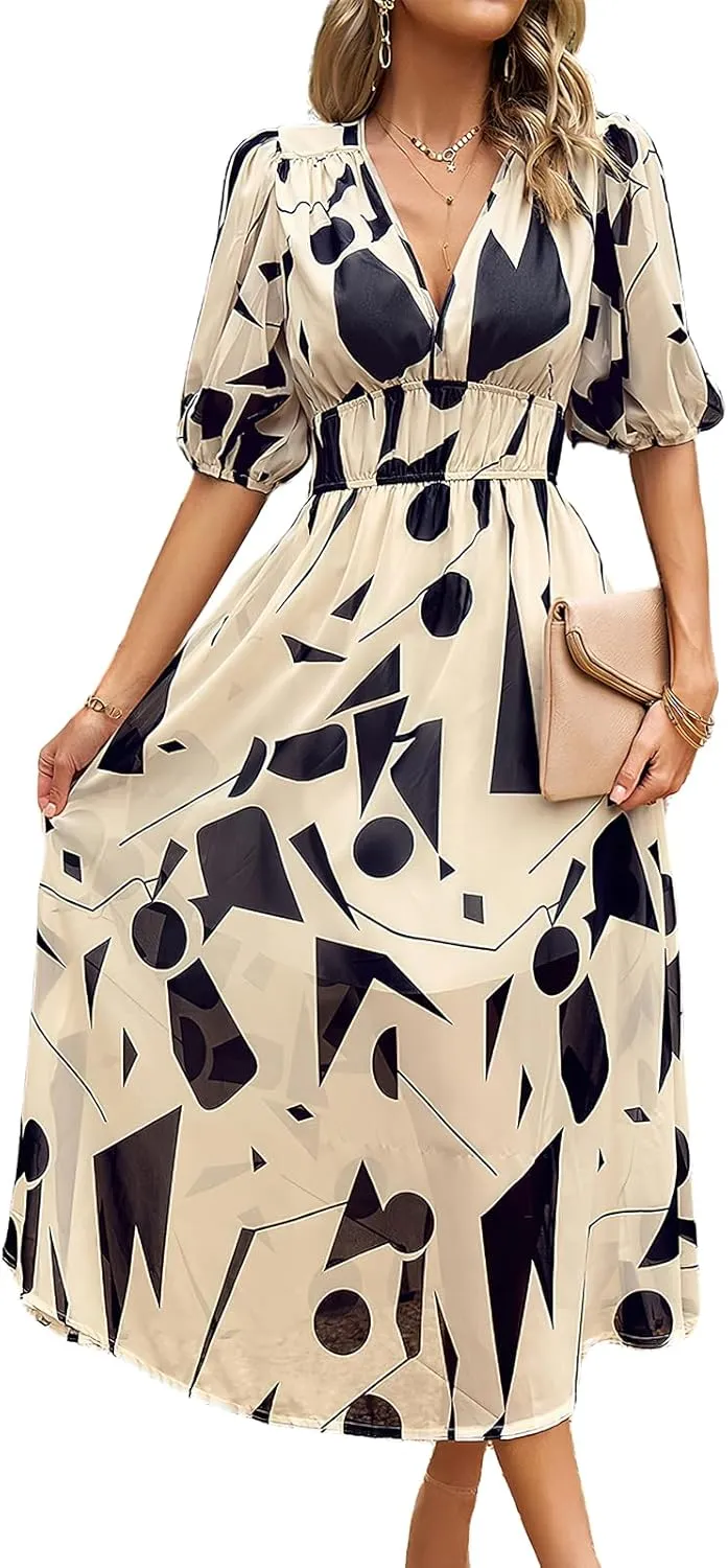 ebossy Women's Boho Floral Print Chiffon Dress Short Sleeve V Neck Girdle Waist Beach Maxi Long Dresses