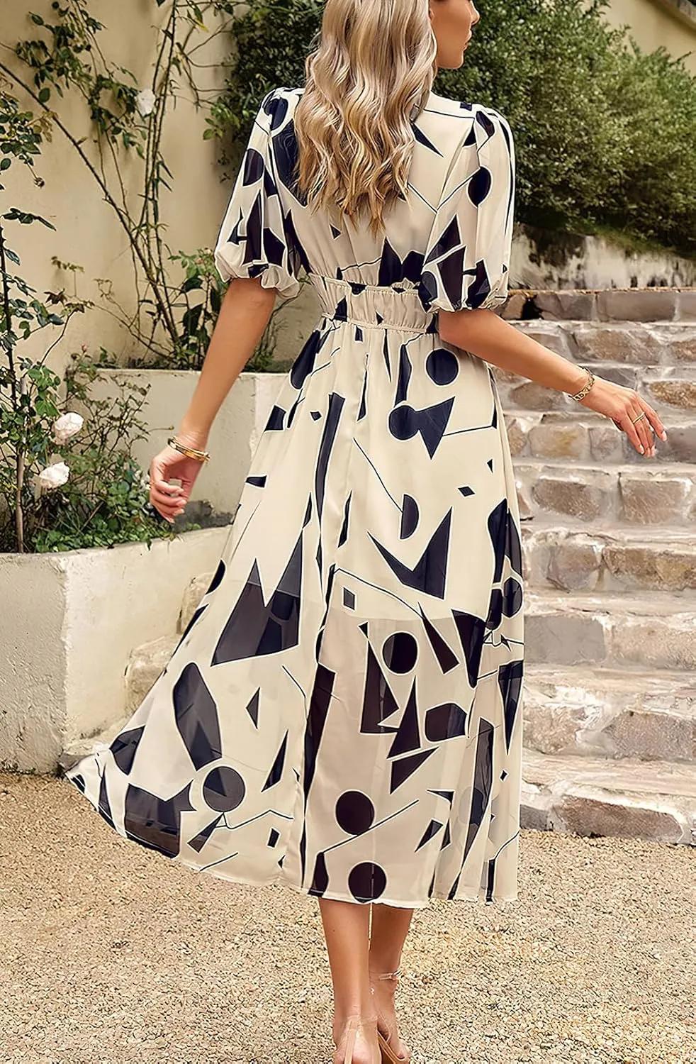 ebossy Women's Boho Floral Print Chiffon Dress Short Sleeve V Neck Girdle Waist Beach Maxi Long Dresses