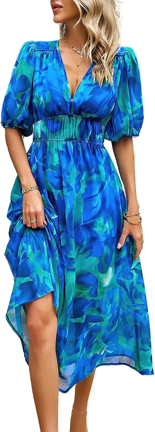 ebossy Women's Boho Floral Print Chiffon Dress Short Sleeve V Neck Girdle Waist Beach Maxi Long Dresses