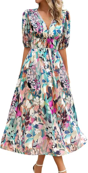 ebossy Women's Boho Floral Print Chiffon Dress Short Sleeve V Neck Girdle Waist Beach Maxi Long Dresses