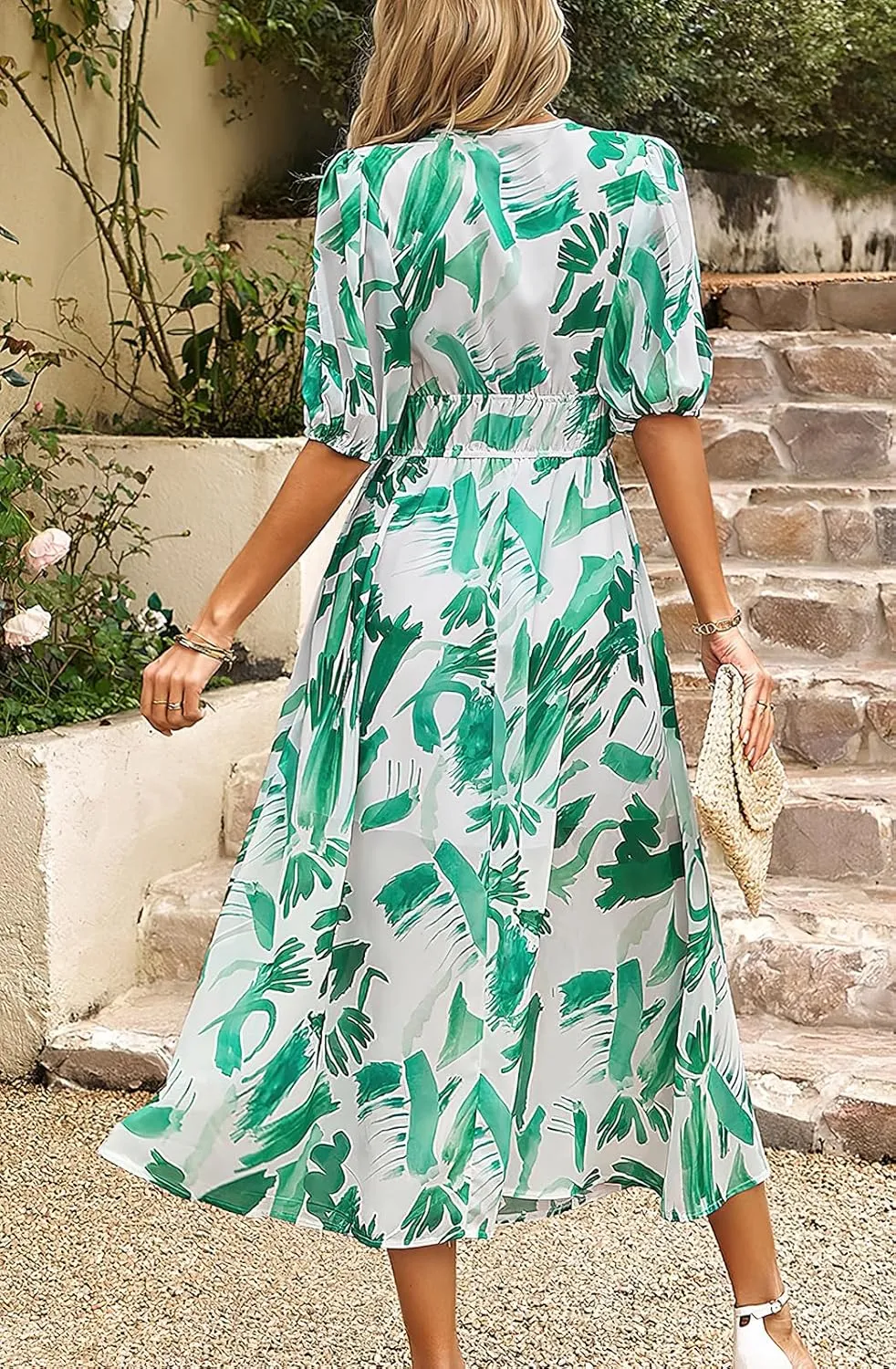 ebossy Women's Boho Floral Print Chiffon Dress Short Sleeve V Neck Girdle Waist Beach Maxi Long Dresses