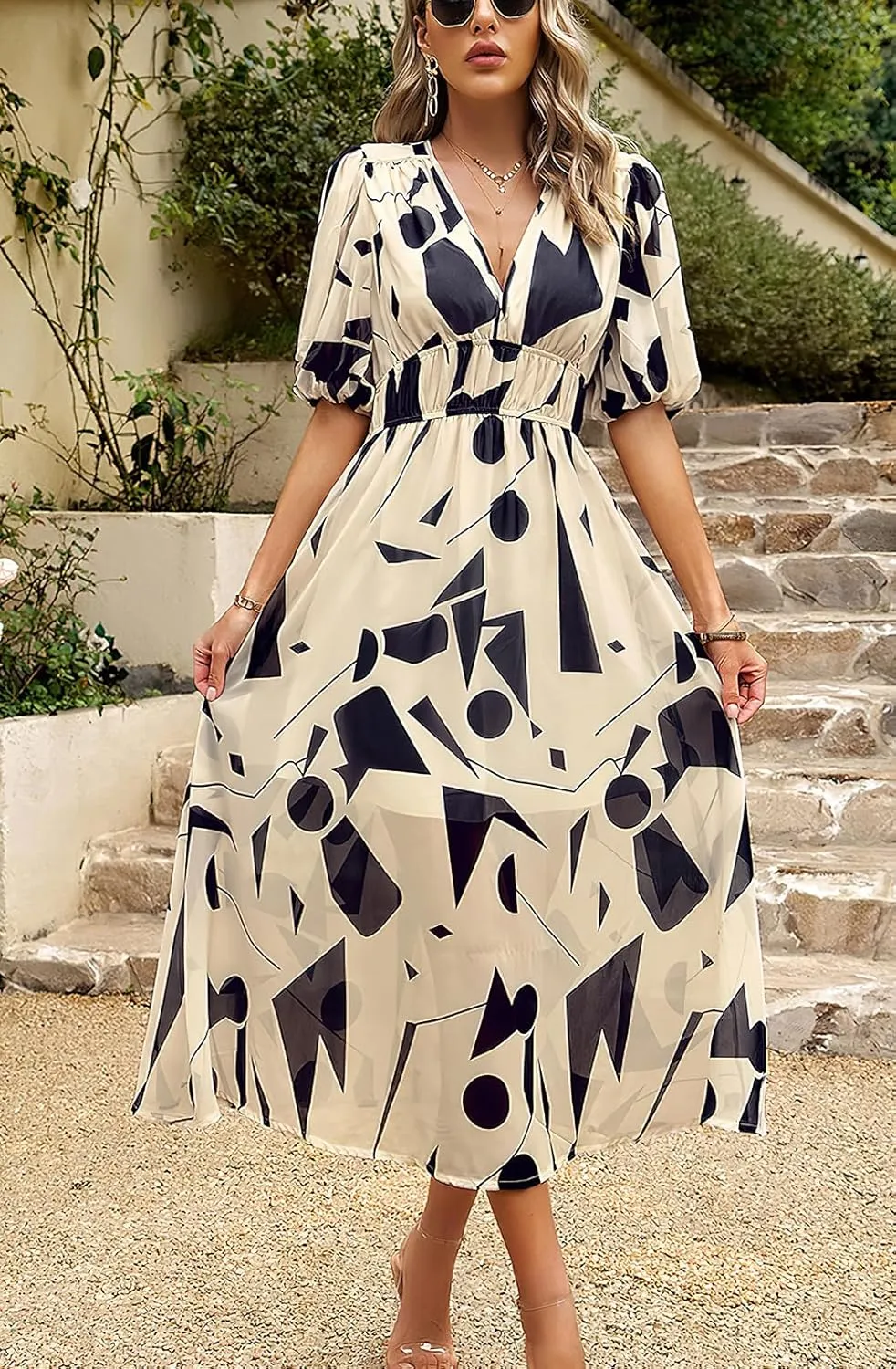 ebossy Women's Boho Floral Print Chiffon Dress Short Sleeve V Neck Girdle Waist Beach Maxi Long Dresses