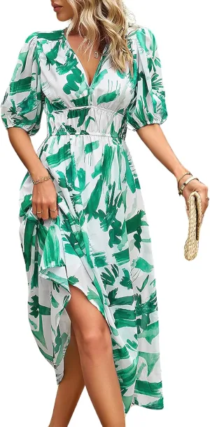 ebossy Women's Boho Floral Print Chiffon Dress Short Sleeve V Neck Girdle Waist Beach Maxi Long Dresses