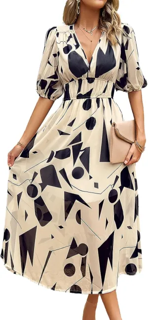 ebossy Women's Boho Floral Print Chiffon Dress Short Sleeve V Neck Girdle Waist Beach Maxi Long Dresses