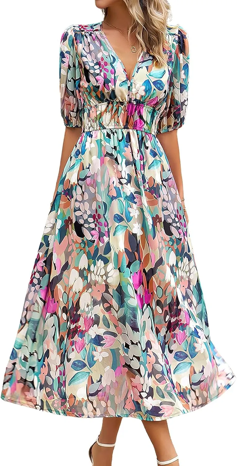 ebossy Women's Boho Floral Print Chiffon Dress Short Sleeve V Neck Girdle Waist Beach Maxi Long Dresses