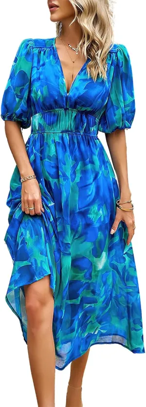 ebossy Women's Boho Floral Print Chiffon Dress Short Sleeve V Neck Girdle Waist Beach Maxi Long Dresses