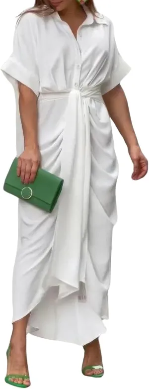 ebossy Women's Elegant Ruched Bodycon Maxi Dress Short Sleeve Tie Waist Button Down Summer Shirt Dress