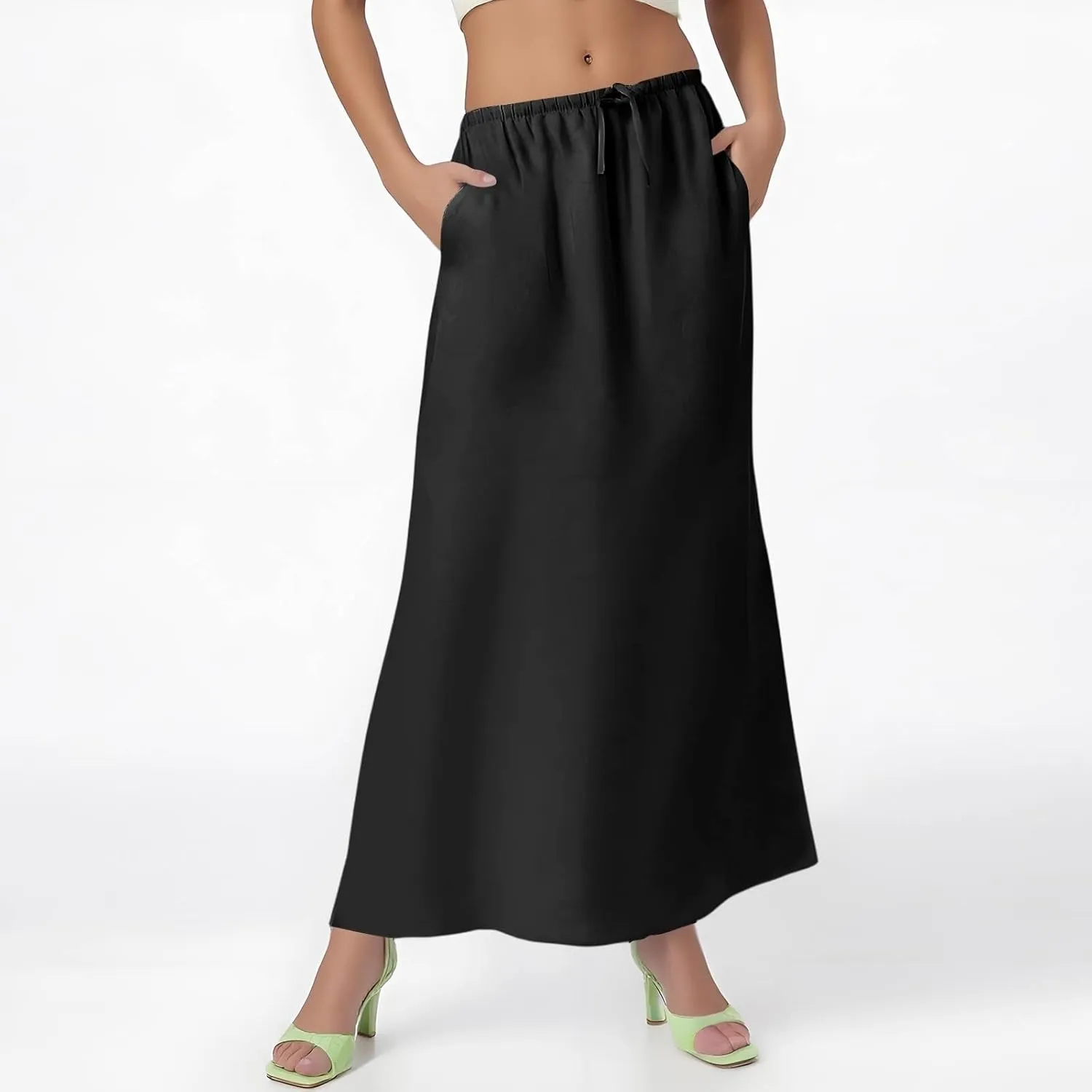 Flared Maxi Skirt for Women Summer Comfortable Drawstring High Waisted Skort Casual Solid Color A Line Beach Skirts