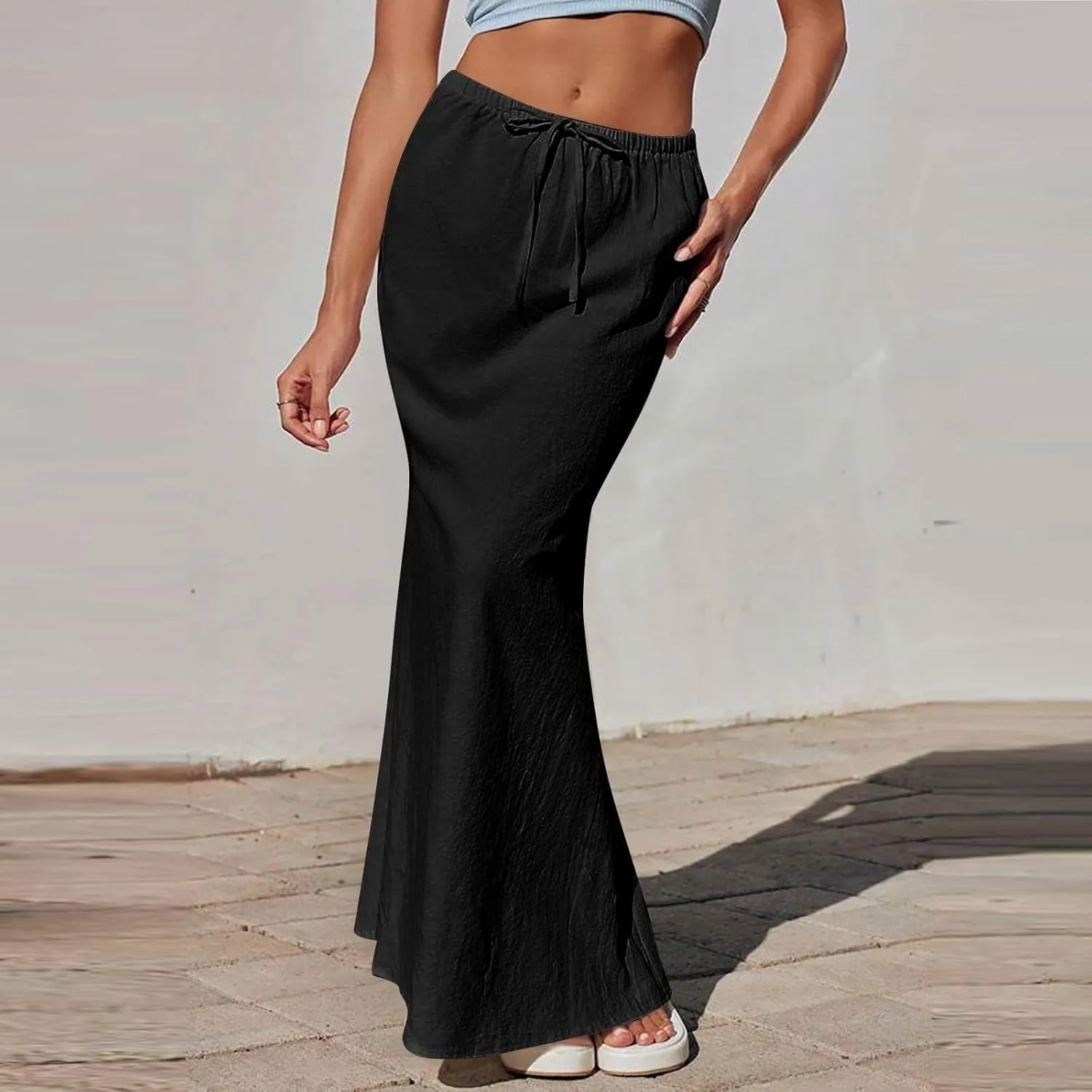 Flared Maxi Skirt for Women Summer Comfortable Drawstring High Waisted Skort Casual Solid Color A Line Beach Skirts