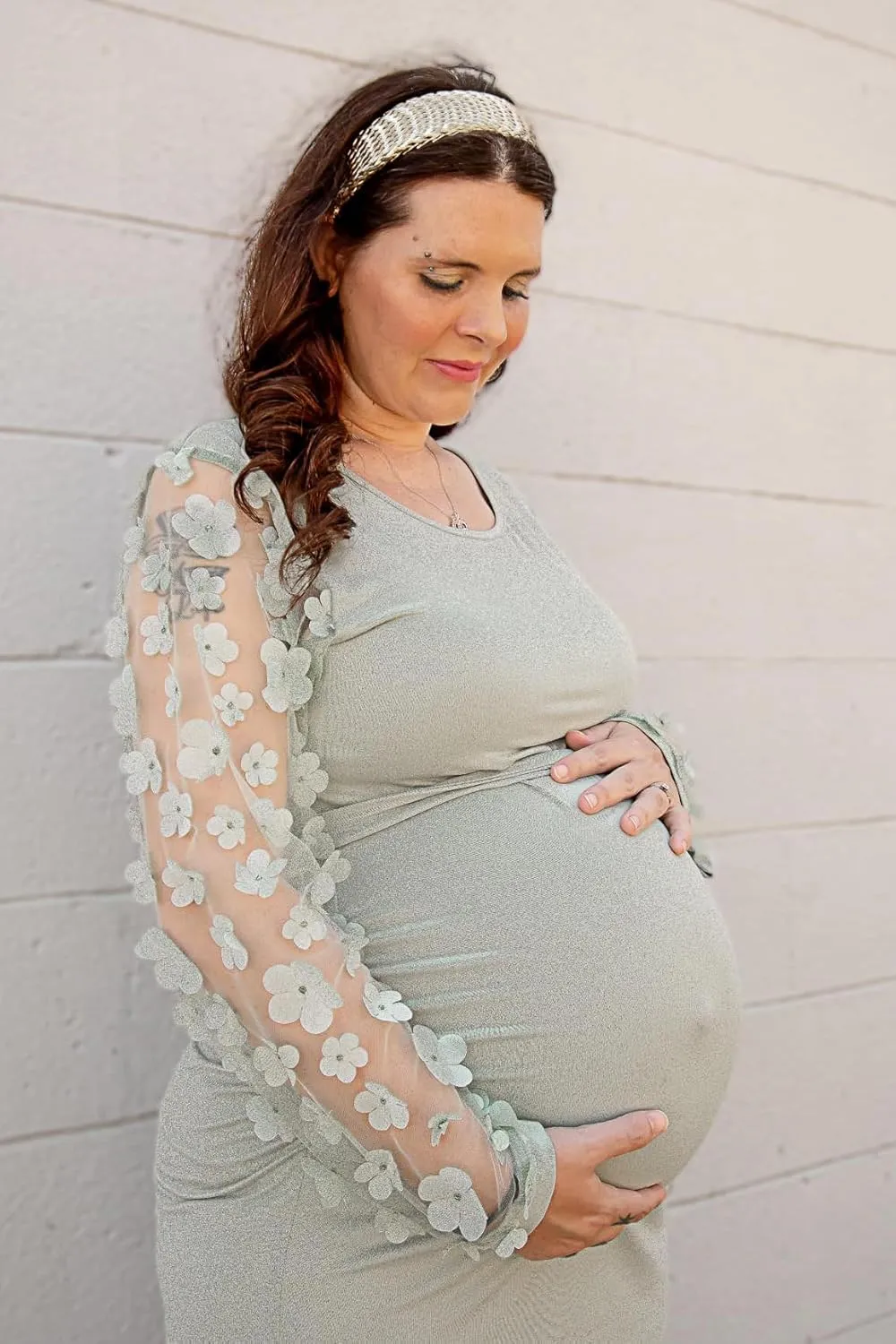 Floral Mesh Bishop Long Sleeve Maternity Midi Dress, Fall Maternity Bodycon Dress for Baby Shower/Photoshoot