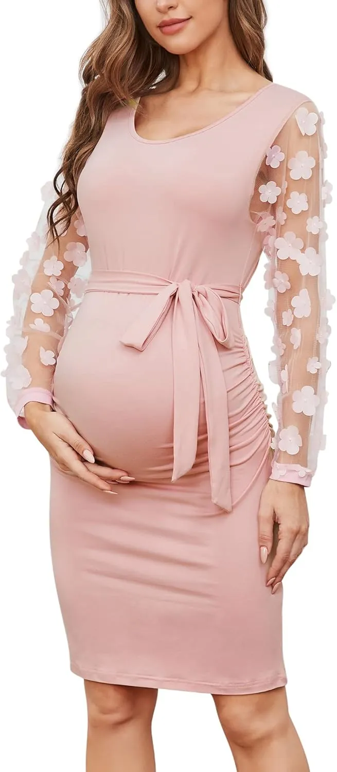 Floral Mesh Bishop Long Sleeve Maternity Midi Dress, Fall Maternity Bodycon Dress for Baby Shower/Photoshoot
