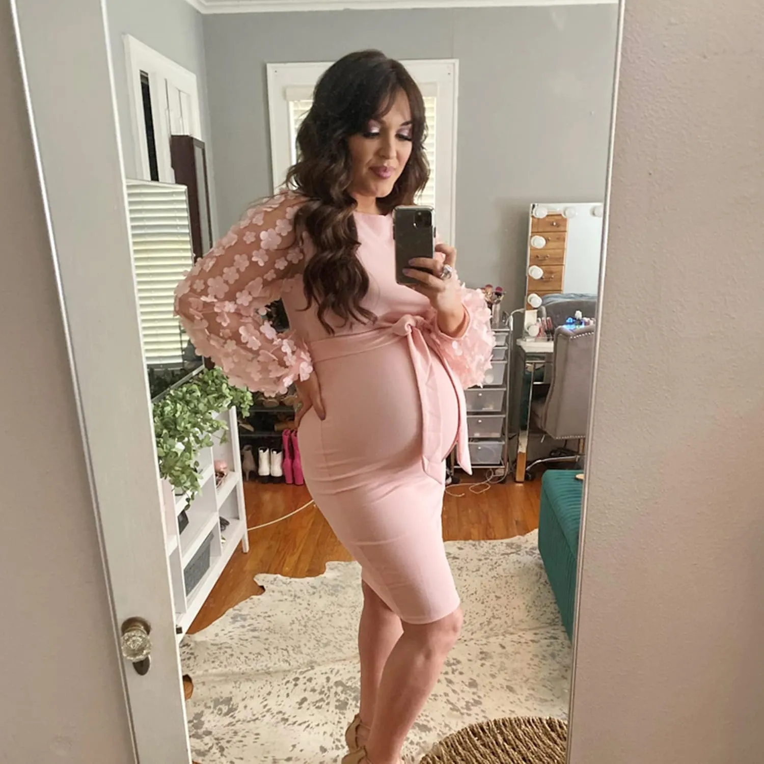 Floral Mesh Bishop Long Sleeve Maternity Midi Dress, Fall Maternity Bodycon Dress for Baby Shower/Photoshoot