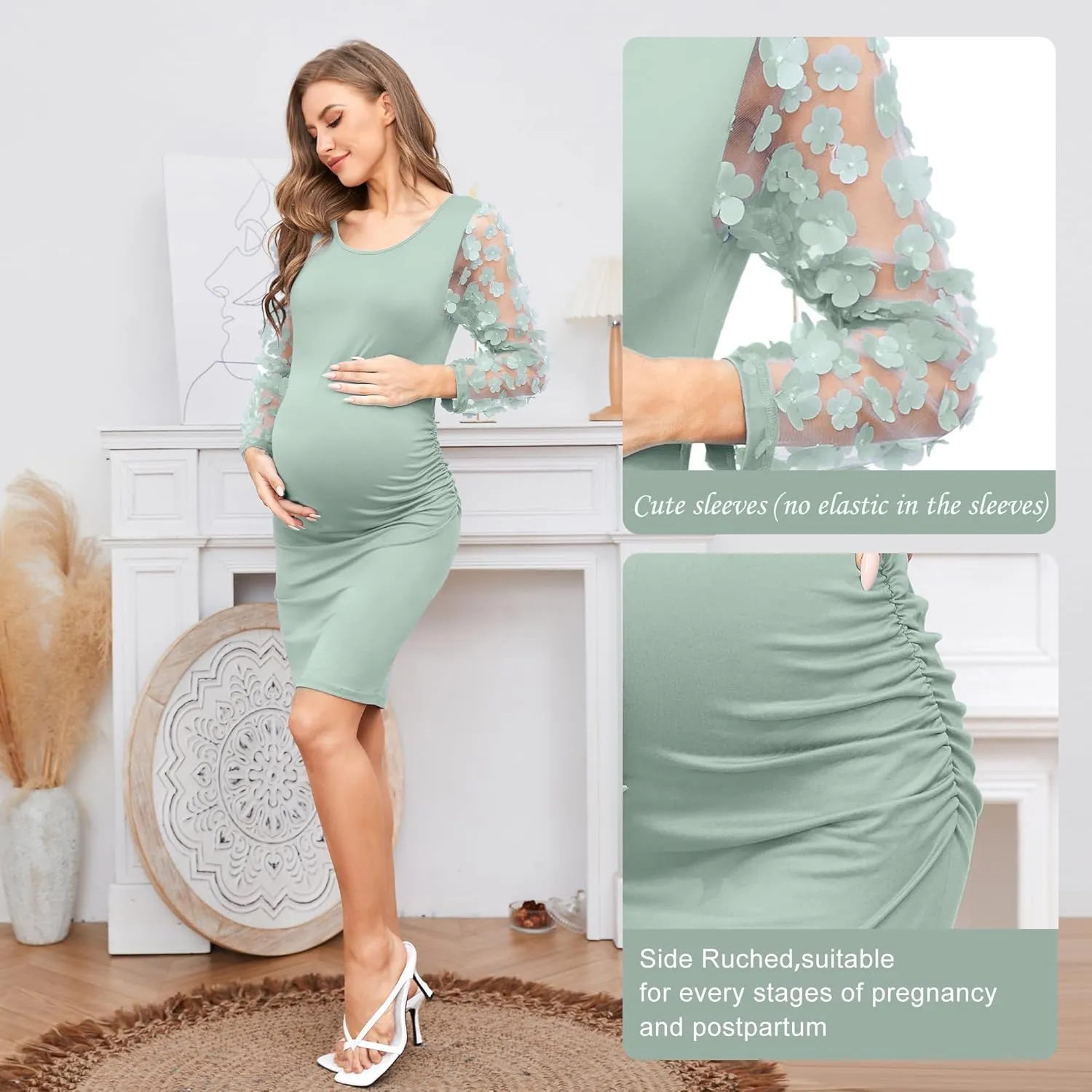 Floral Mesh Bishop Long Sleeve Maternity Midi Dress, Fall Maternity Bodycon Dress for Baby Shower/Photoshoot