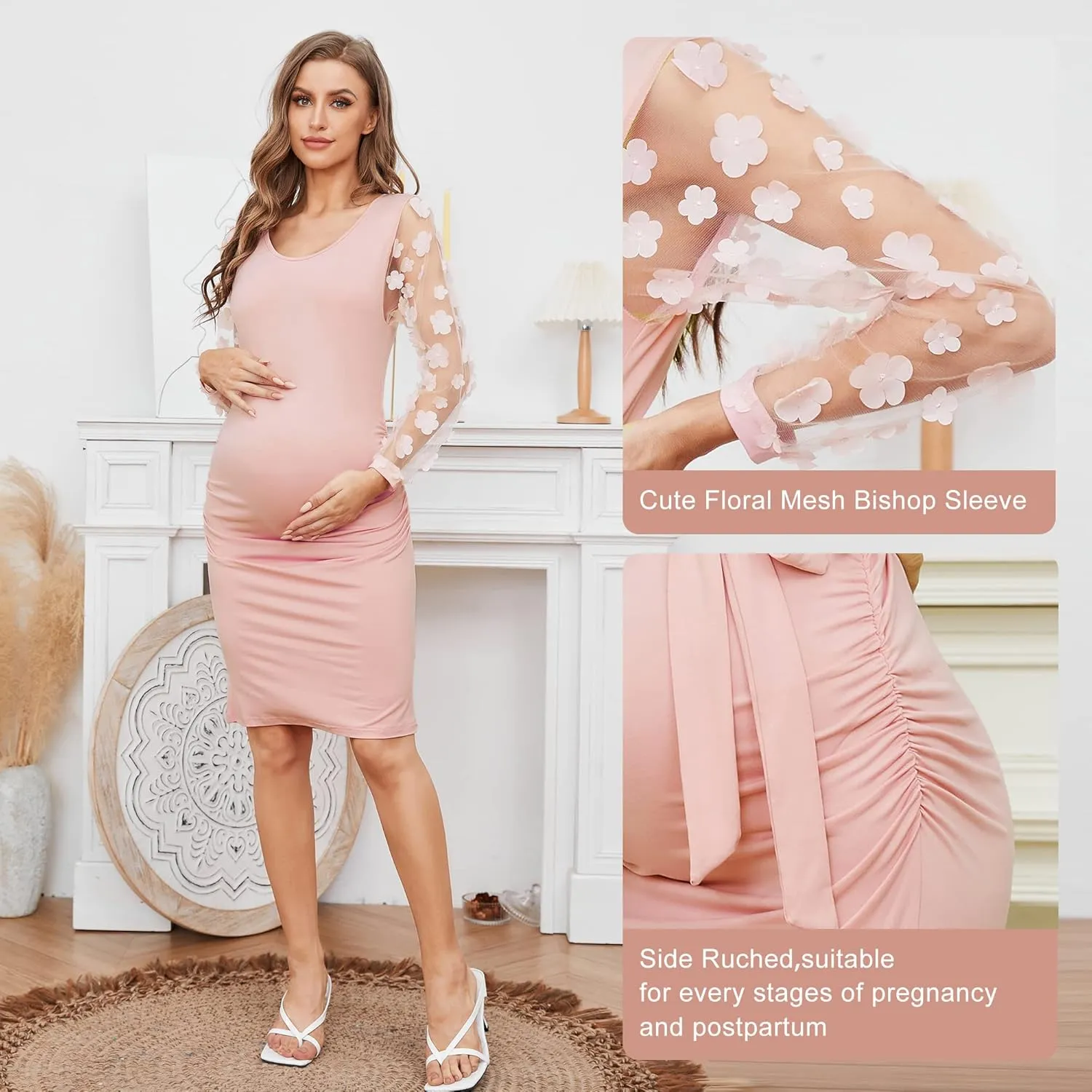 Floral Mesh Bishop Long Sleeve Maternity Midi Dress, Fall Maternity Bodycon Dress for Baby Shower/Photoshoot