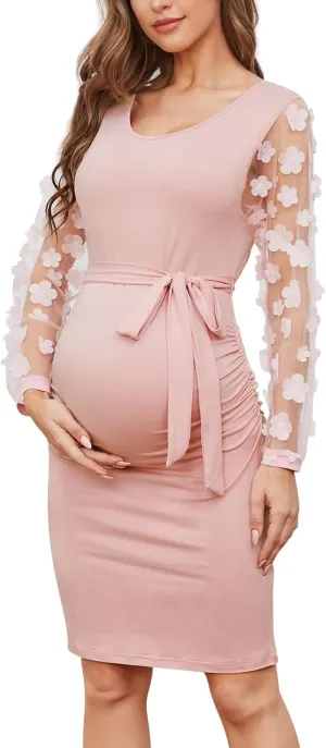 Floral Mesh Bishop Long Sleeve Maternity Midi Dress, Fall Maternity Bodycon Dress for Baby Shower/Photoshoot