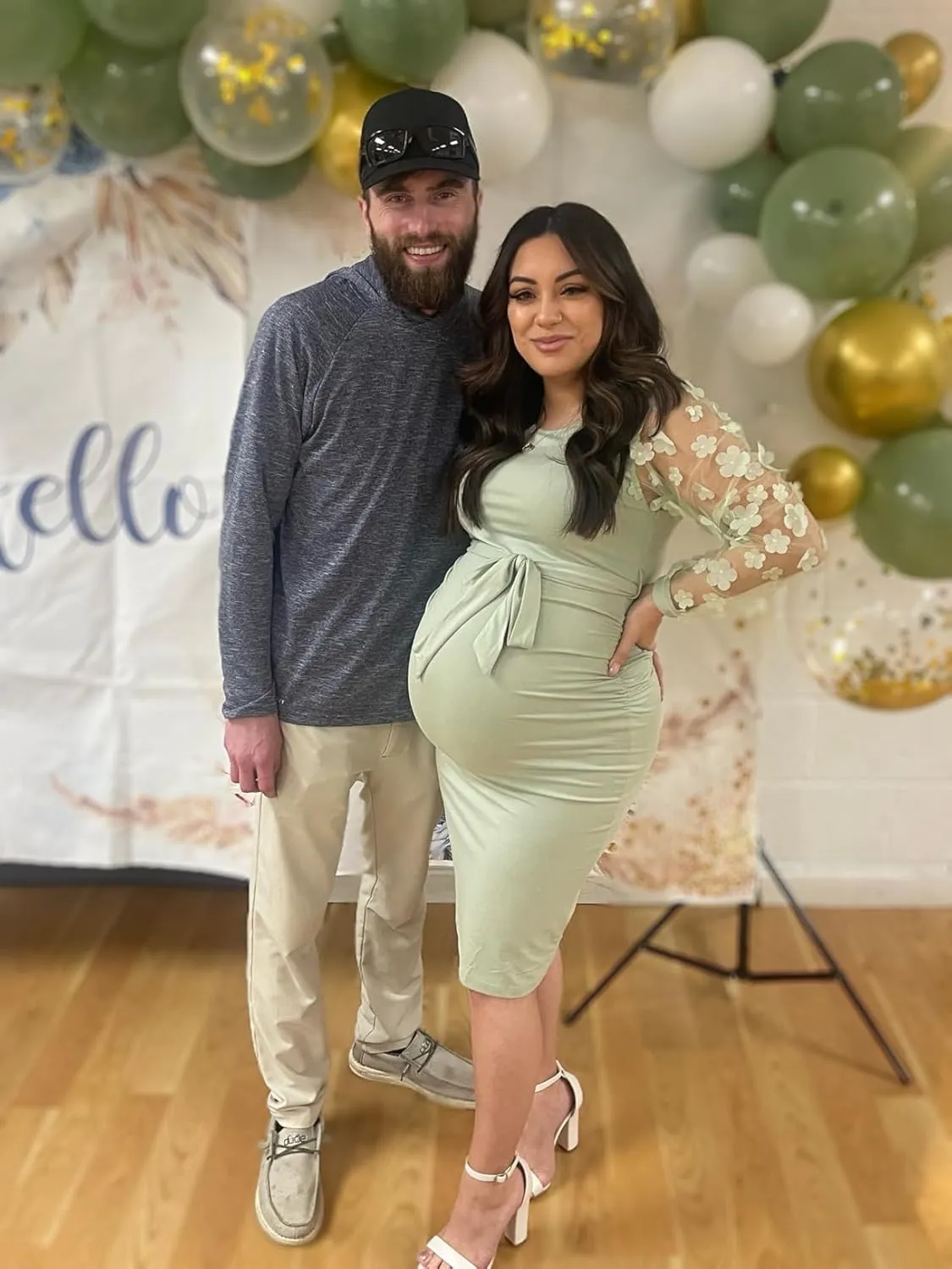 Floral Mesh Bishop Long Sleeve Maternity Midi Dress, Fall Maternity Bodycon Dress for Baby Shower/Photoshoot