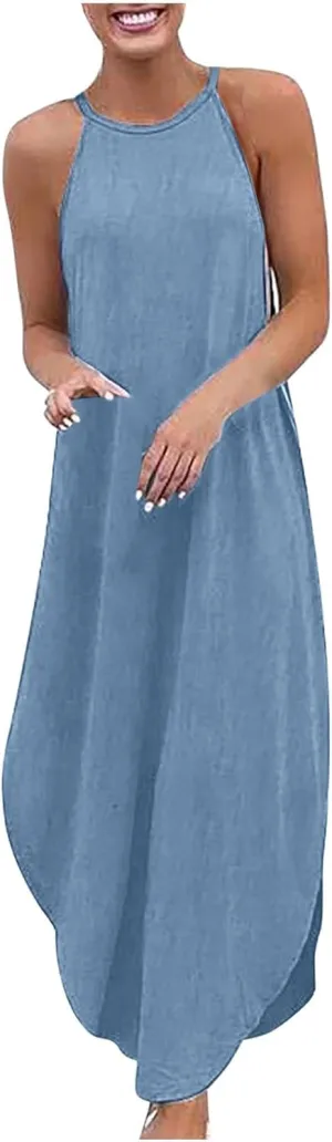 FZYLQY Maxi Dresses for Women Summer Halter Neck Denim Sundress Casual Sleeveless Long Vacation Beach Cocktail Dress
