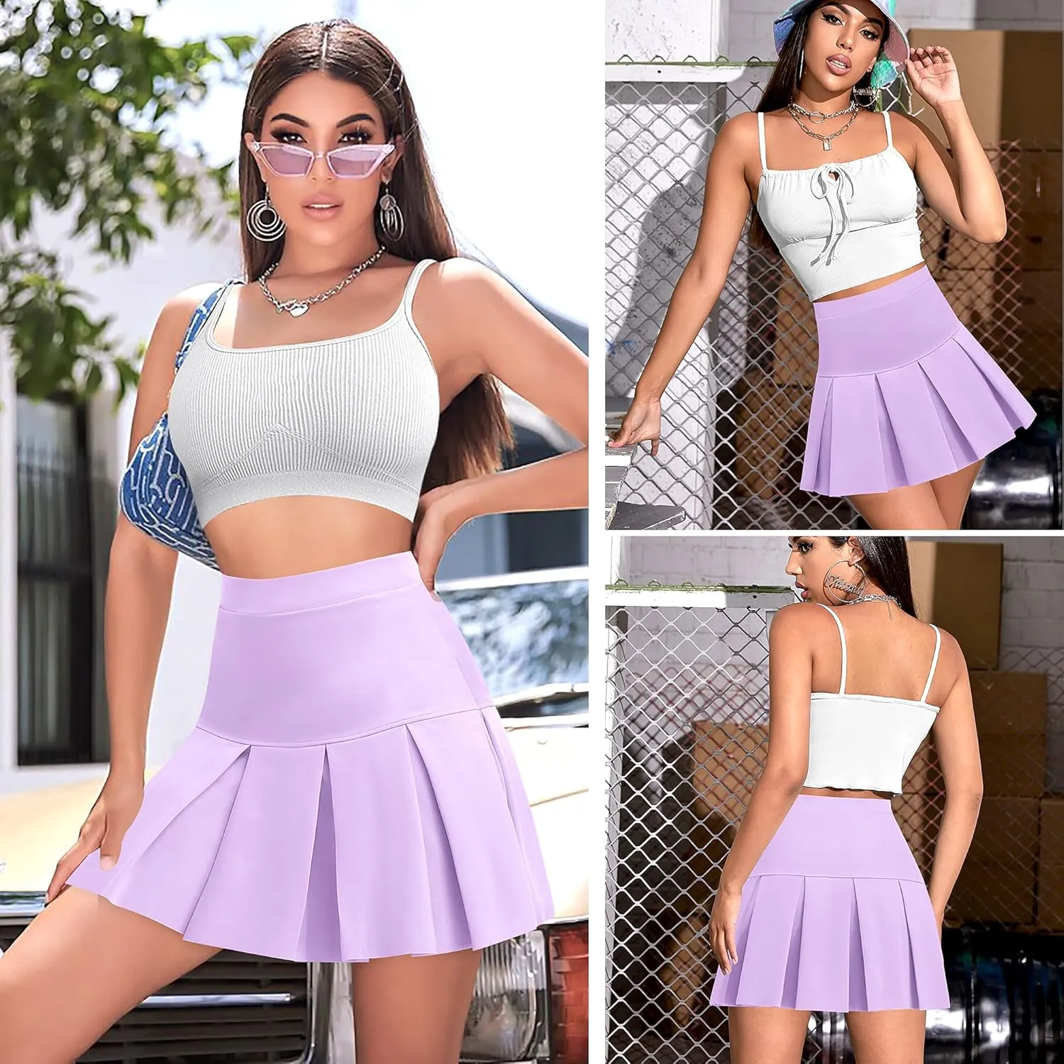 High Waisted Pleated Skirts for Women Skater Tennis Skirt with Shorts Pockets Mini A-Line Skirt