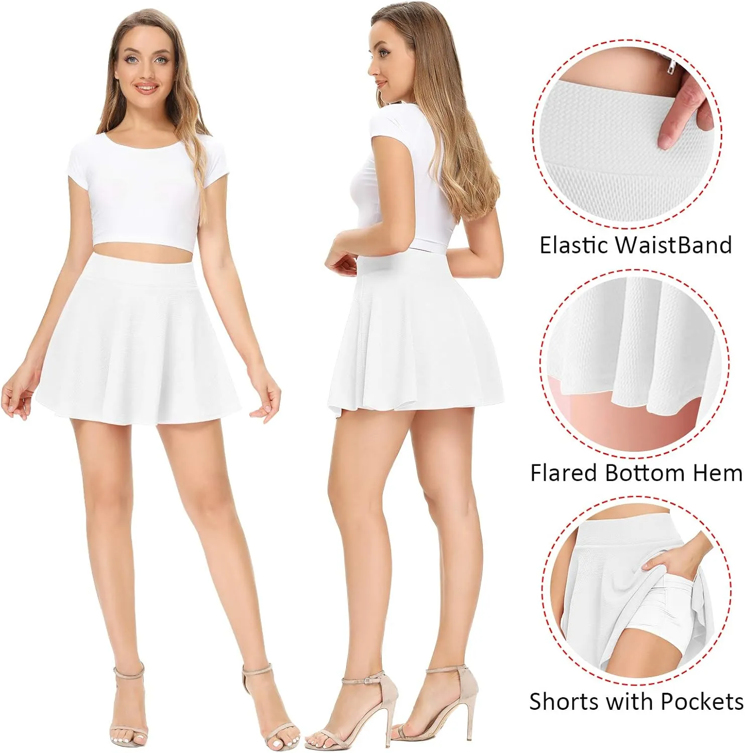 High Waisted Pleated Skirts for Women Skater Tennis Skirt with Shorts Pockets Mini A-Line Skirt