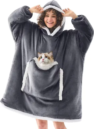 JOYWOO Wearable Blanket Hoodie, Birthday Gifts for Women Men Mom, Oversized Hooded Blanket for Adult, Cozy Fuzzy Sherpa Sweatshirt Blanket with Giant Pocket and Winter Gifts, Grey
