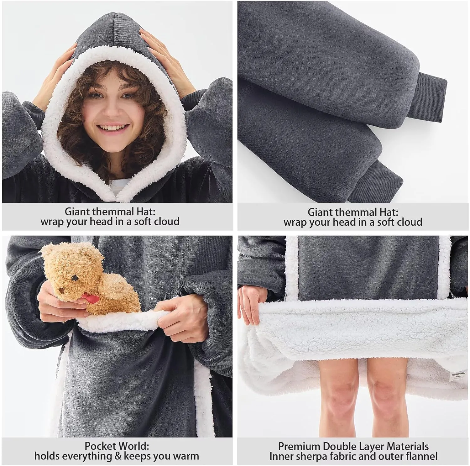 JOYWOO Wearable Blanket Hoodie, Birthday Gifts for Women Men Mom, Oversized Hooded Blanket for Adult, Cozy Fuzzy Sherpa Sweatshirt Blanket with Giant Pocket and Winter Gifts, Grey