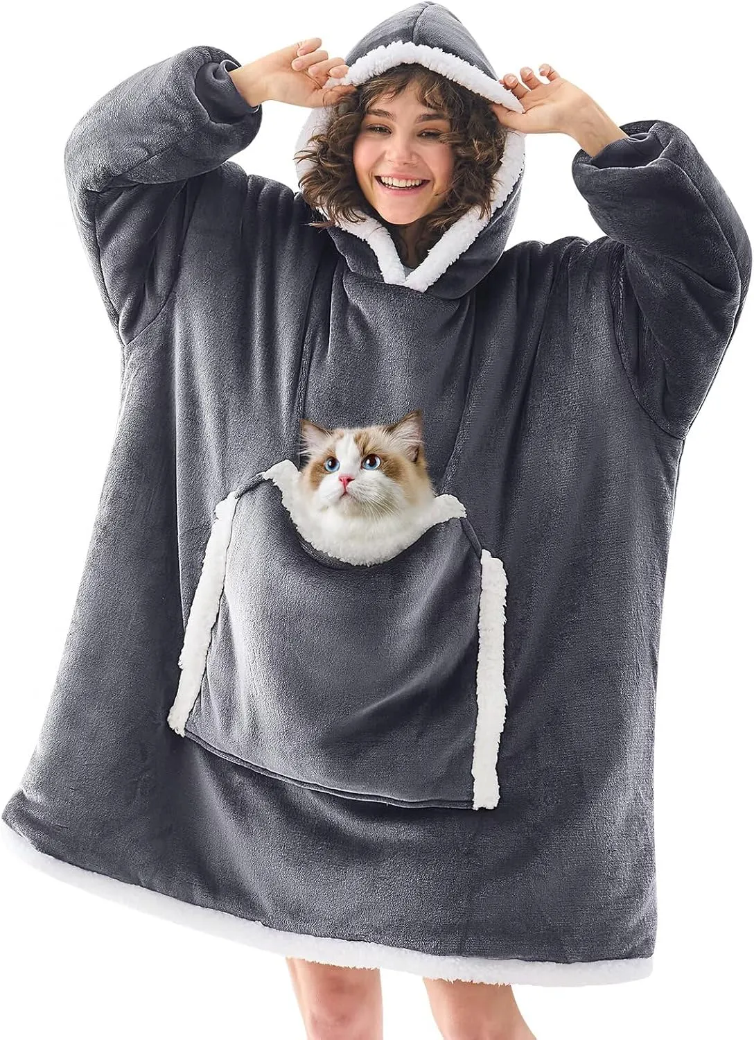 JOYWOO Wearable Blanket Hoodie, Birthday Gifts for Women Men Mom, Oversized Hooded Blanket for Adult, Cozy Fuzzy Sherpa Sweatshirt Blanket with Giant Pocket and Winter Gifts, Grey