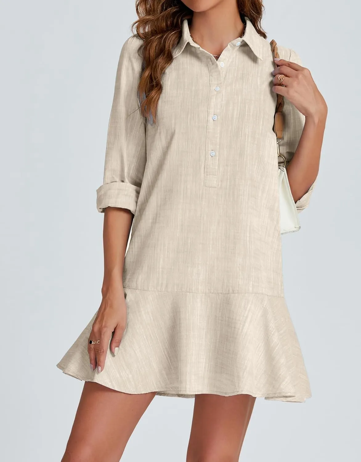 Kedera Womens Tunic Shirt Mini Dress Long Sleeves Short Dress Button Up Ruffle Hem Shift Dresses with Pockets