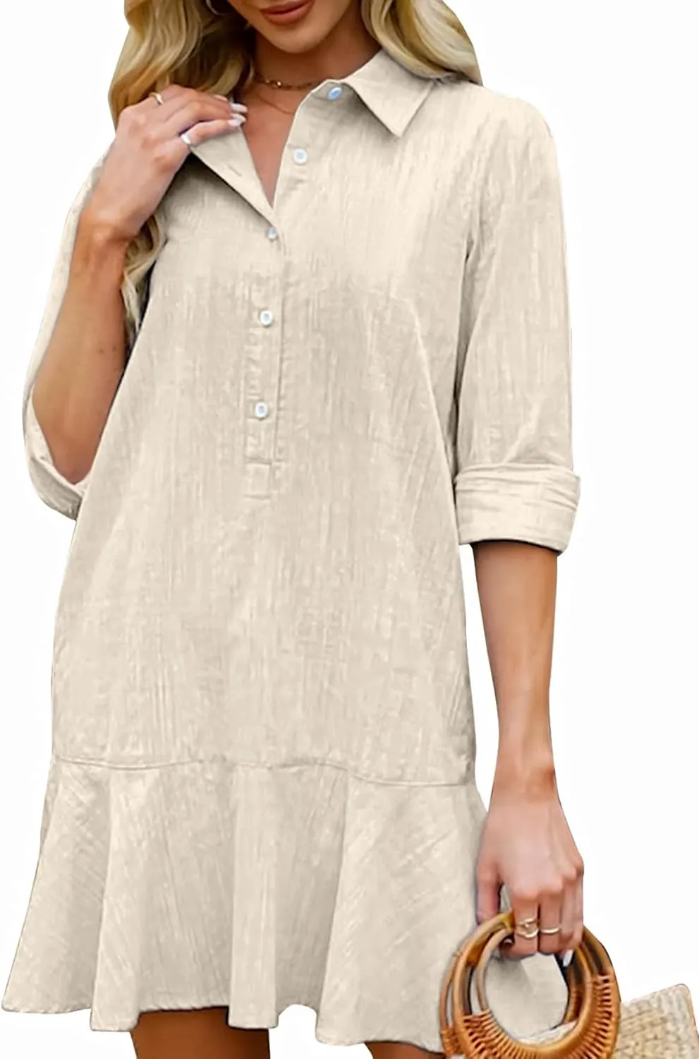 Kedera Womens Tunic Shirt Mini Dress Long Sleeves Short Dress Button Up Ruffle Hem Shift Dresses with Pockets