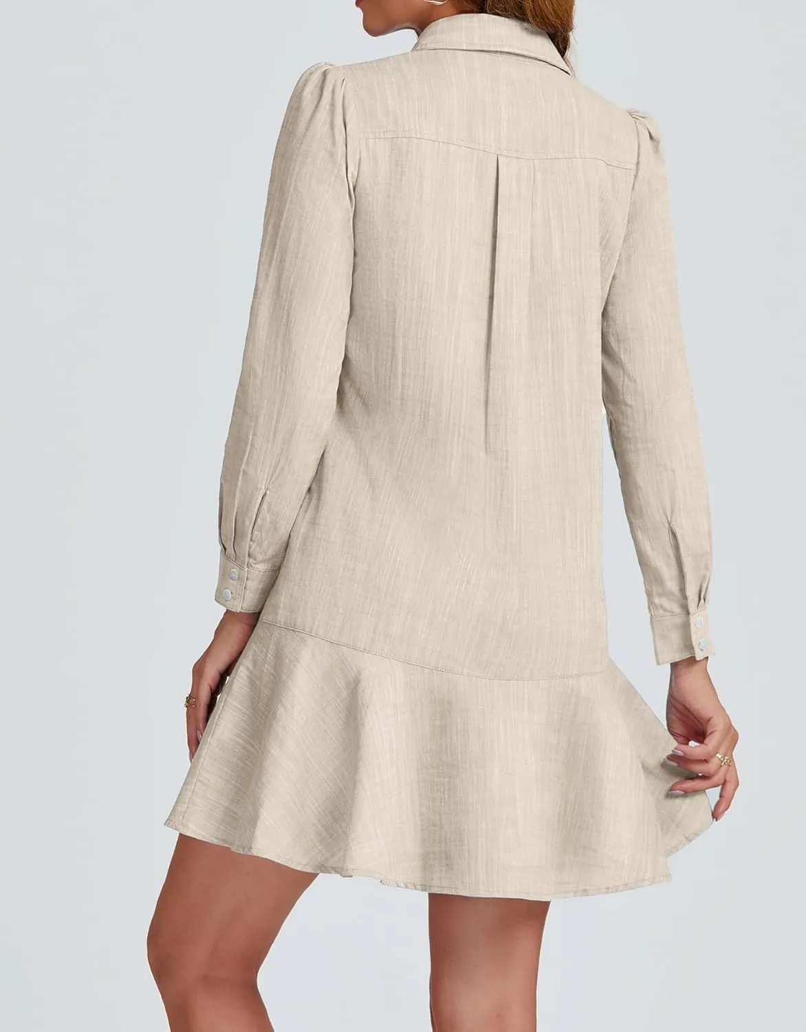 Kedera Womens Tunic Shirt Mini Dress Long Sleeves Short Dress Button Up Ruffle Hem Shift Dresses with Pockets