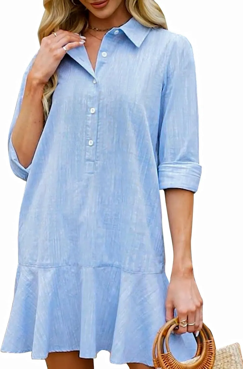 Kedera Womens Tunic Shirt Mini Dress Long Sleeves Short Dress Button Up Ruffle Hem Shift Dresses with Pockets