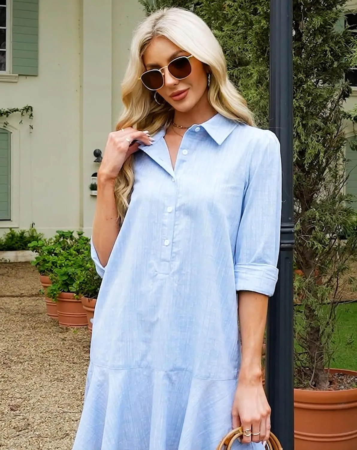 Kedera Womens Tunic Shirt Mini Dress Long Sleeves Short Dress Button Up Ruffle Hem Shift Dresses with Pockets