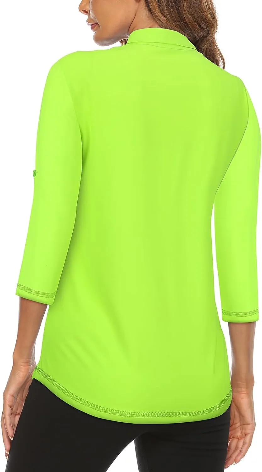 Koscacy Women's 3/4 Roll Sleeve Golf Tennis Polo Shirts UPF50  Half Zip Dry Fit Workout Tops Athletic Shirt