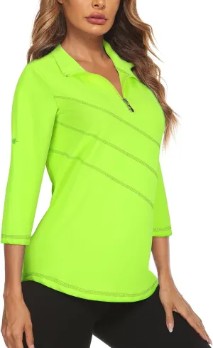 Koscacy Women's 3/4 Roll Sleeve Golf Tennis Polo Shirts UPF50  Half Zip Dry Fit Workout Tops Athletic Shirt