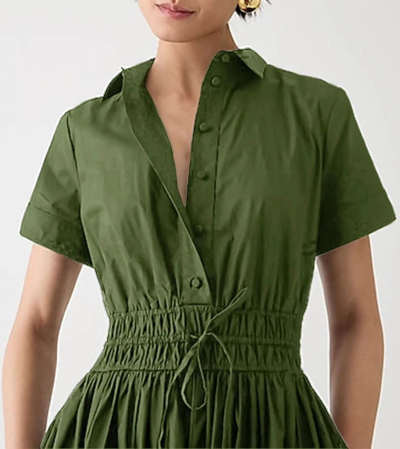 Ladyful Women Casual Button Down Short Sleeve Shirt Dress Tie Waist Midi Shirt Dress Elegant Business Party