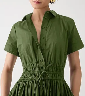 Ladyful Women Casual Button Down Short Sleeve Shirt Dress Tie Waist Midi Shirt Dress Elegant Business Party