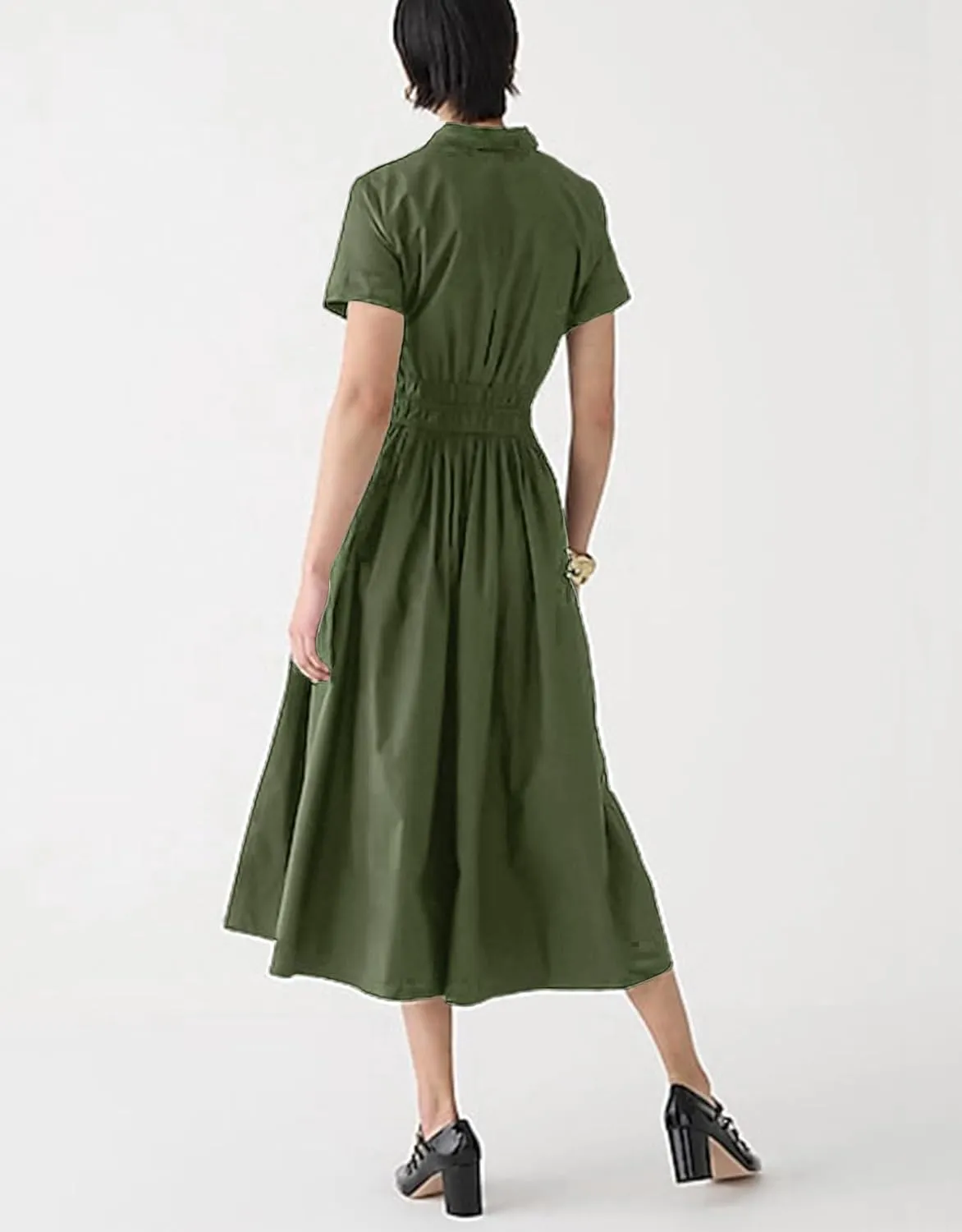 Ladyful Women Casual Button Down Short Sleeve Shirt Dress Tie Waist Midi Shirt Dress Elegant Business Party