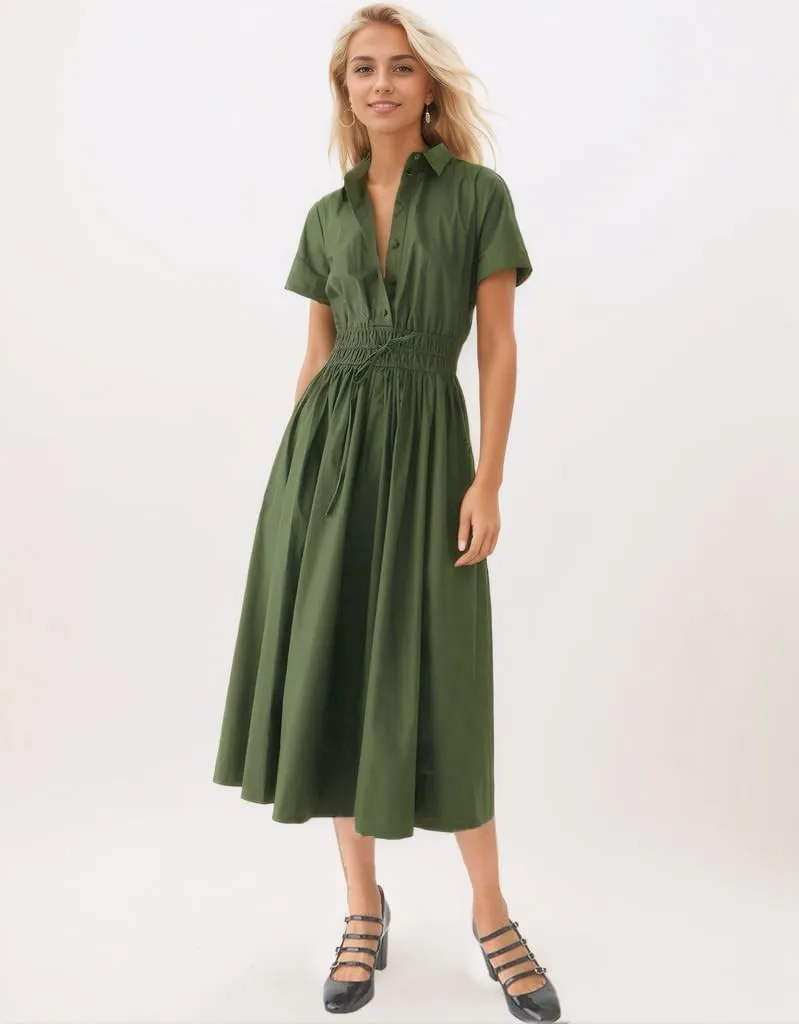Ladyful Women Casual Button Down Short Sleeve Shirt Dress Tie Waist Midi Shirt Dress Elegant Business Party