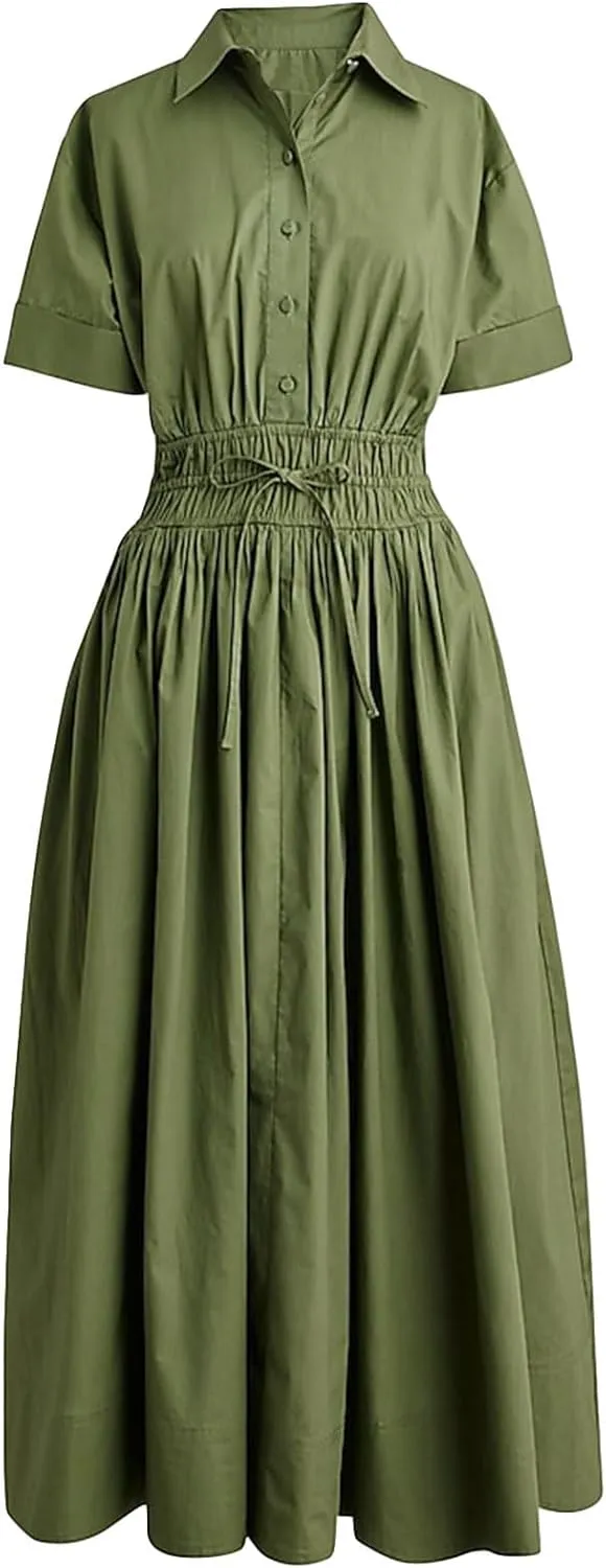 Ladyful Women Casual Button Down Short Sleeve Shirt Dress Tie Waist Midi Shirt Dress Elegant Business Party