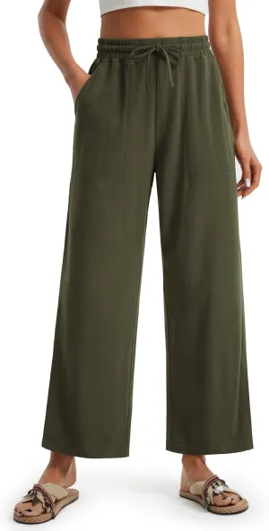 Libin Women Linen Pants Wide Leg Side Slit Ankle Pants High Waist Drawstring Casual Palazzo Loose Beach Pant Cropped Trousers