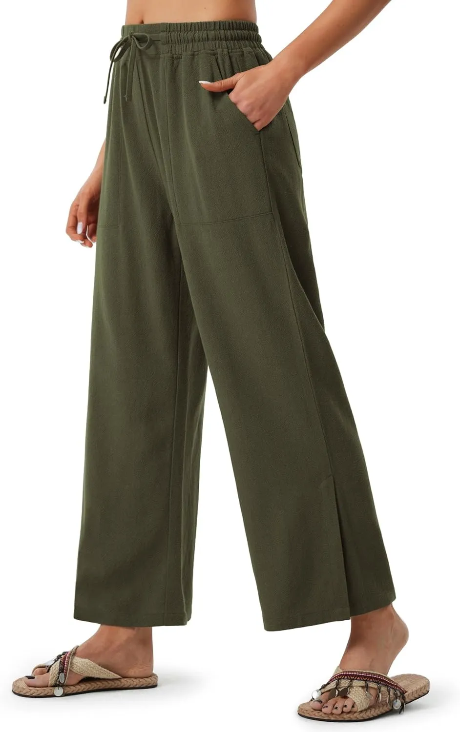Libin Women Linen Pants Wide Leg Side Slit Ankle Pants High Waist Drawstring Casual Palazzo Loose Beach Pant Cropped Trousers