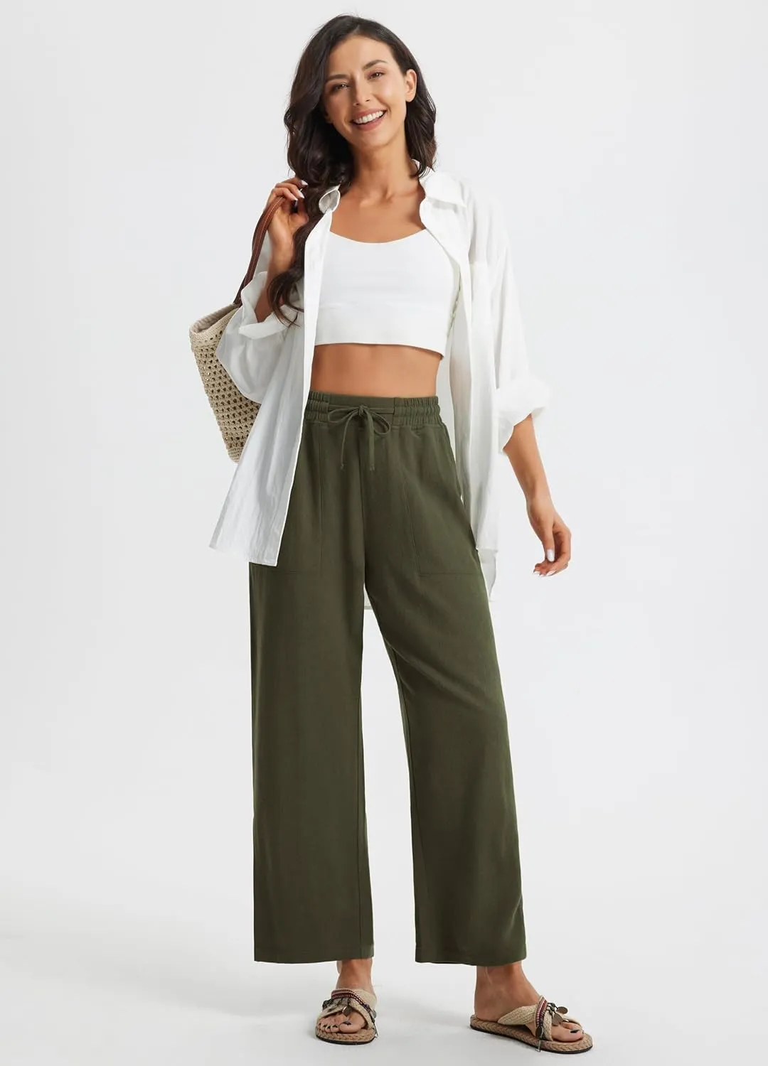 Libin Women Linen Pants Wide Leg Side Slit Ankle Pants High Waist Drawstring Casual Palazzo Loose Beach Pant Cropped Trousers
